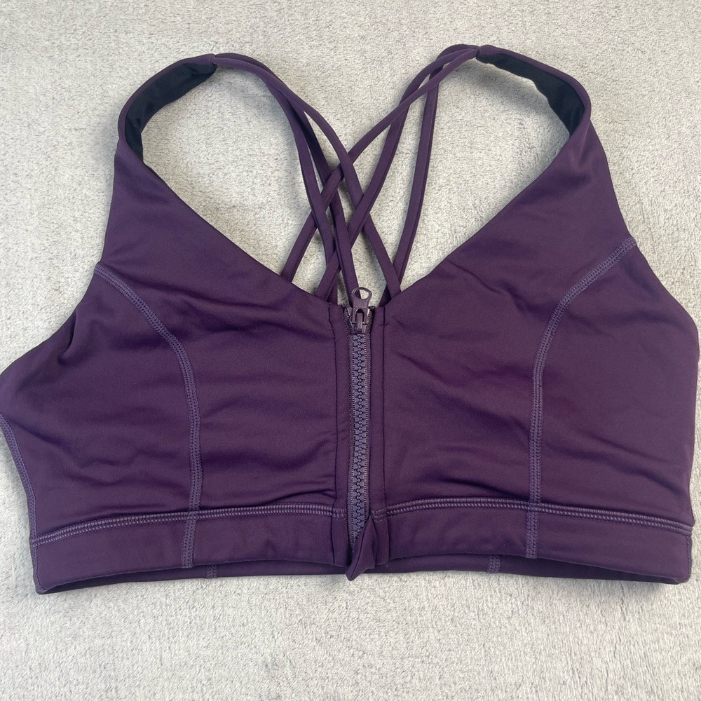 Purple Zip Front Criss Cross Strappy Sports Bra Athleisure Workout Yoga M
